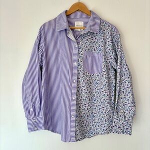 Avec Les Filles Purple Striped and Floral Shirt